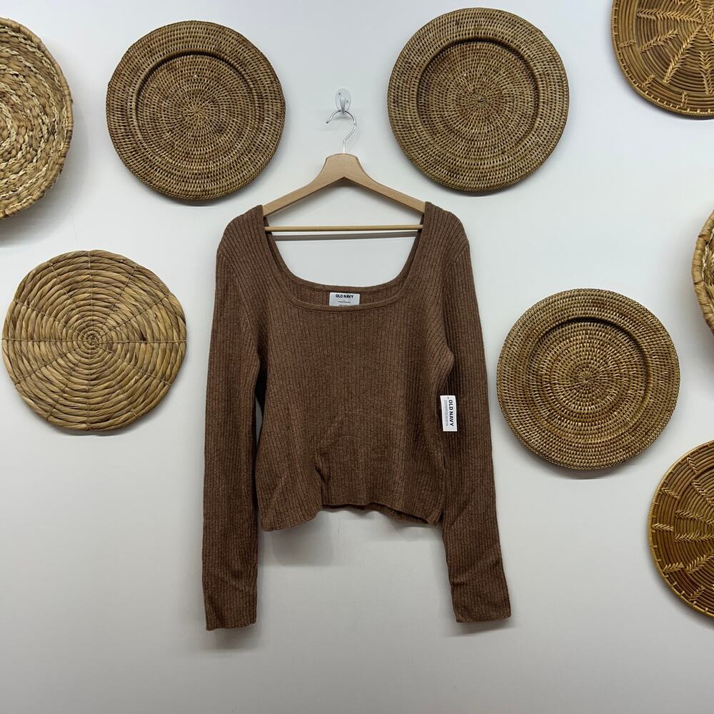 NEW Old Navy Brown Neutral Minimalist Ribbed Square Neck Knit Sweater Large